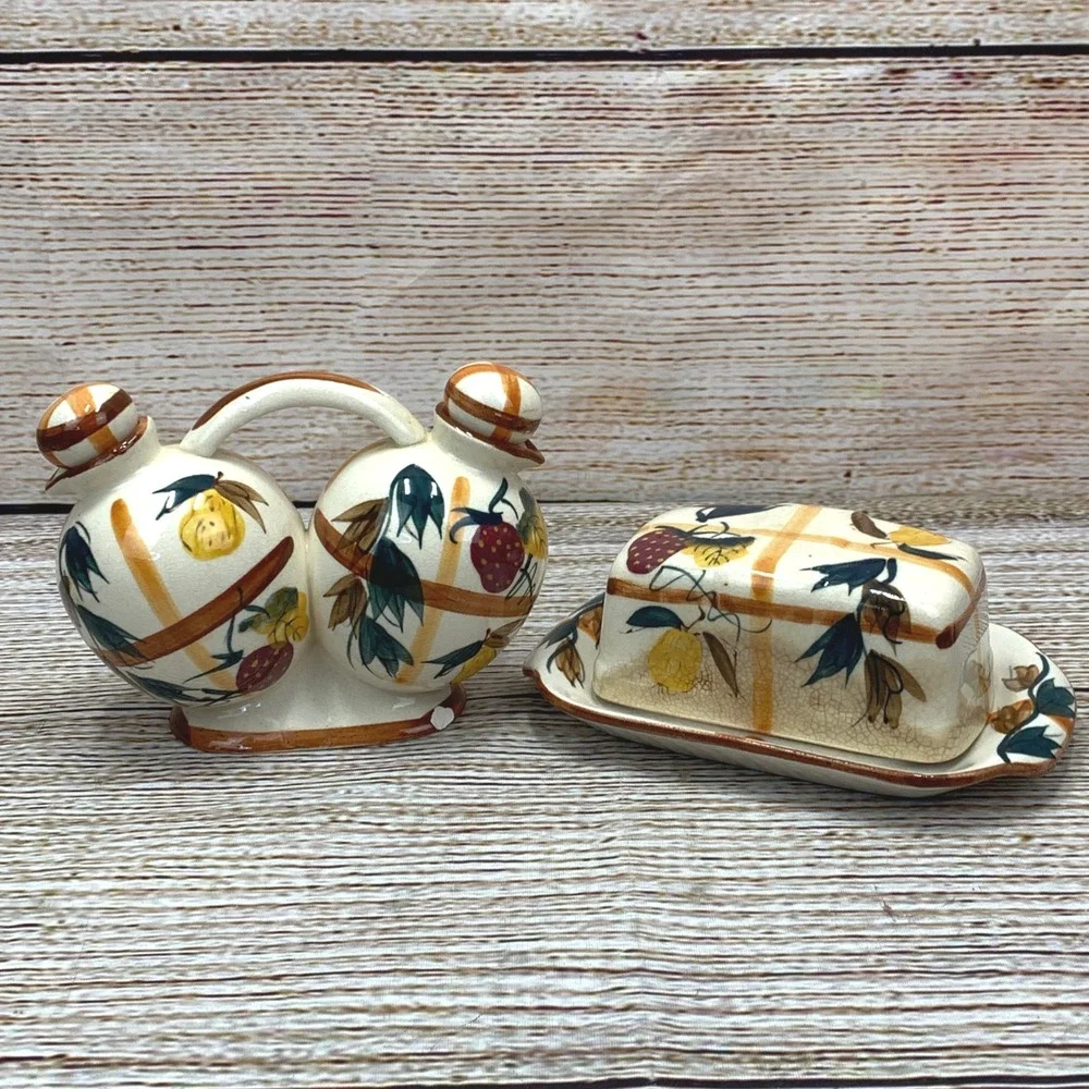 Vintage NASCO‎ Hand Painted Fruit Ceramic Oil Vinegar Butter Dish